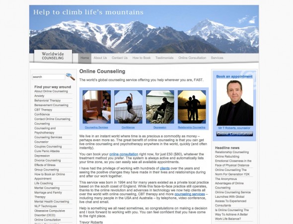 Screenshot of an website created for a hypnotherapist and counselor